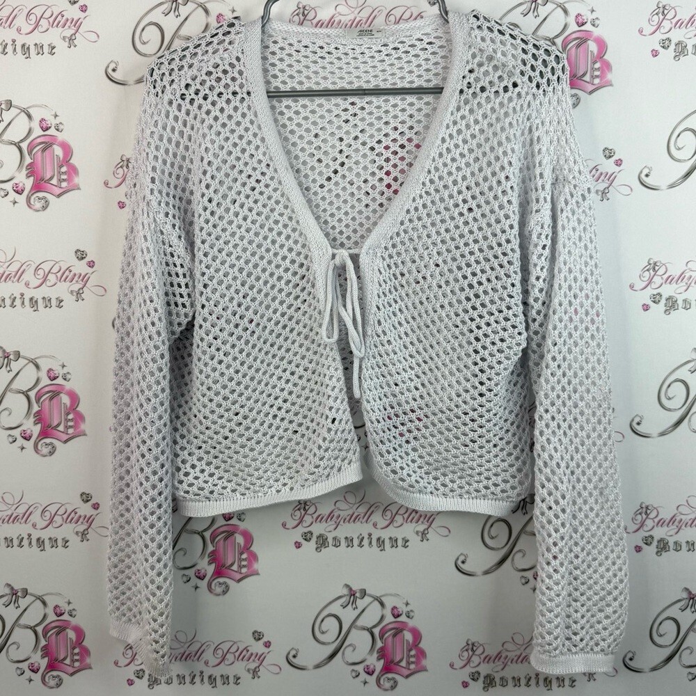 Ardene tie up shirt knit White Open Knit Cropped Tie-Front Sweater